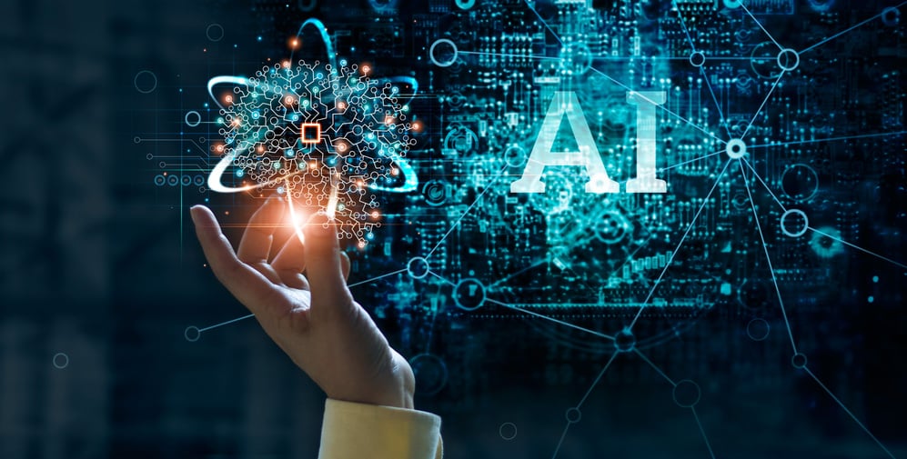 Human hand holding a neural network brain of AI on learning analysis information and processing big data on circuit board background, Innovation, Futuristic concept for artificial intelligence.